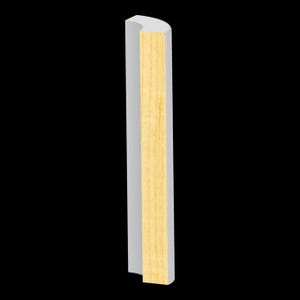 May include: A vertical architectural molding strip featuring a light-colored natural wood grain front panel contrasted by a smooth, solid white side profile with a rounded top edge, designed for interior trim and wall finishing applications.