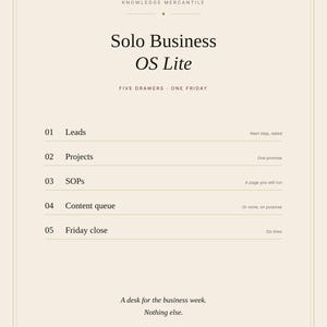 May include: A digital document titled Solo Business OS Lite by Knowledge Mercantile. It lists five sections: 01 Leads, 02 Projects, 03 SOPs, 04 Content queue, and 05 Friday close, with brief descriptions for each. The text is black on a cream background.