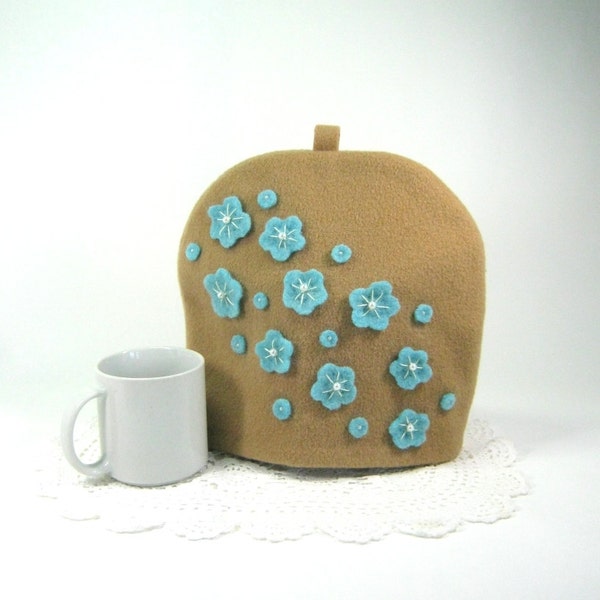 Felted wool tea cozy Camel coloured Blue wool flowers Medium tea pot cosy Eco friendly