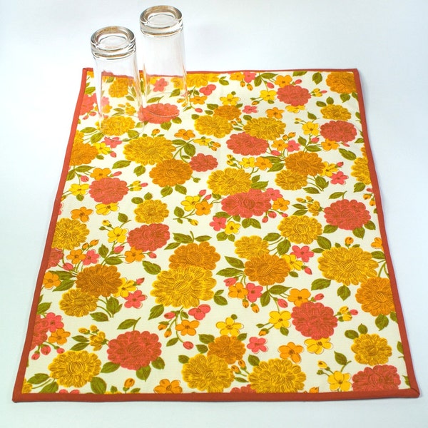 Dish drying mat Kitchen counter cloth Drainboard cloth Vintage 60s floral print Orange gold green fabric