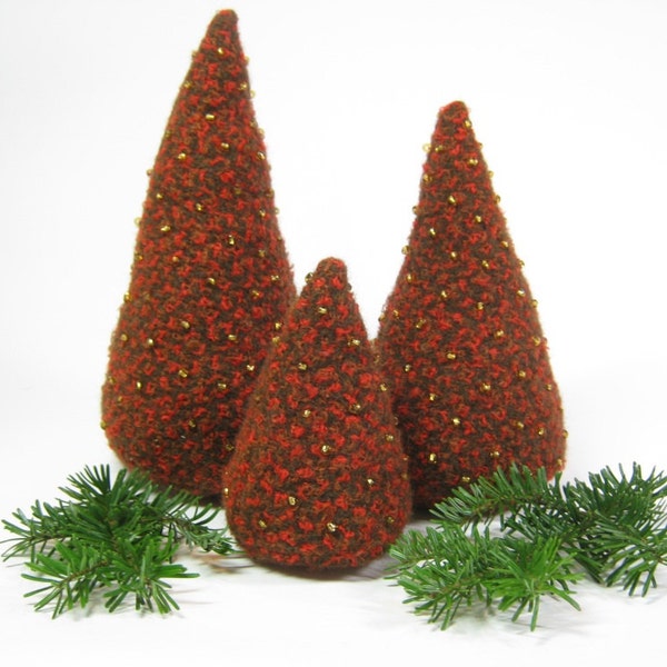 Textured wool Christmas trees Eco friendly decor Orange brown rust wool Woodlands Xmas Holiday decoration