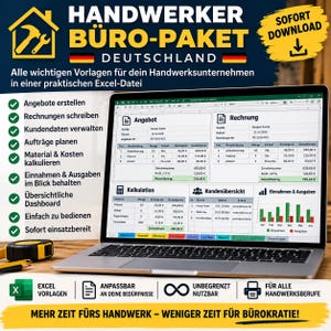 Könnte beinhalten: Ein Laptop-Bildschirm zeigt eine digitale Büro-Management-Tabelle für Handwerksbetriebe mit dem Titel Handwerker Büro-Paket Deutschland. Die Oberfläche enthält Reiter für Angebote, Rechnungen, Kalkulationen, Kundendaten und Finanzdiagramme.