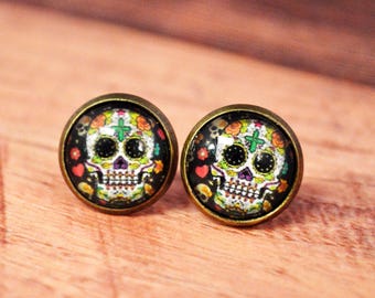White Sugar Skull Stud Earrings, Candy Skull Jewelry, Day of the Dead Stud, Sugar Skull Jewelry, Sugar Skull Studs, White Sugar Skull Stud
