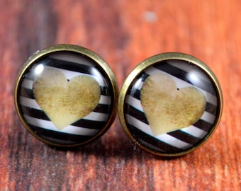 Heart Studs, Heart Earrings, Heart Jewelry, Valentine Studs, Valentine Posts, Gold Heart Studs, Stripe Heart Studs, Cute Heart Studs