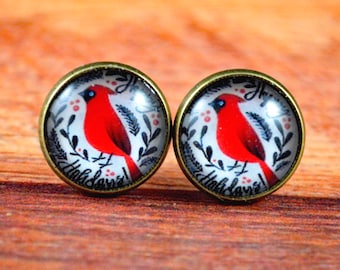 Bird Earrings, Red Bird Earrings, Bird Studs, Bird Jewelry, Red Bird Jewelry, Cardinal Earrings, Nature Earrings, Nature Jewelry