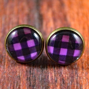 Plaid Earrings, Flannel Studs, Flannel Earrings, Flannel Jewelry, Plaid Jewelry, Purple Plaid Studs, Purple Plaid, Cute Plaid Studs