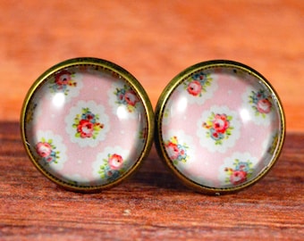 Vintage Studs, Victorian Studs, Vintage Earrings, Victorian Earrings, Pink Rose Studs, Wallpaper Studs, Wallpaper Earrings, Cute Rose Gift