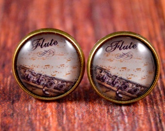 Flute Earrings, Flute Studs, Musical Earrings, Music Studs, Flute Jewelry, Music Jewelry, Musician Studs, Musical Studs