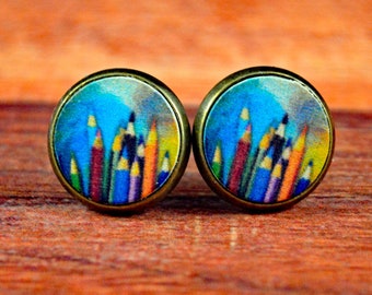 Artist Studs, Artist Earrings, Art Studs, Art Teacher Studs, Pencil Studs, Pencil Earrings, Colored Pencils, Cute Art Earrings, Teacher Gift