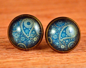 Designer Studs, Blue Paisley Earring, Paisley Studs, Retro Earrings, Retro Studs, Vintage Studs, Paisley Earrings, Blue Paisley Studs