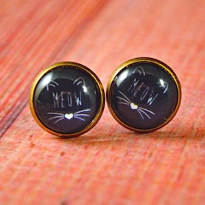 Meow Studs, Meow Jewelry, Meow Earrings, Black Cat Studs, Black Cat Jewelry, Black Kitty Studs, Cute Cat Studs, Cute Cat Earrings