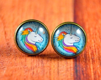 Rainbow Unicorn Stud, Unicorn Earrings, Blue Unicorn Studs, Blue Unicorn Earrings, Fantasy Jewelry, Unicorn Jewelry, Blue Fantasy Studs