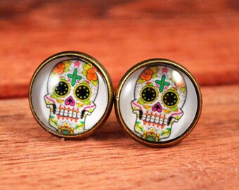 White Sugar Skull Stud Earrings, Candy Skull Jewelry, Day of the Dead Stud, Sugar Skull Jewelry, Sugar Skull Studs, White Sugar Skull Stud