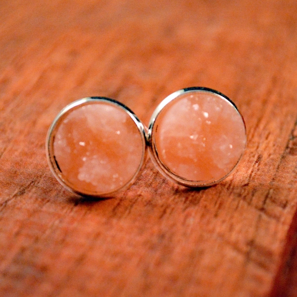 Peach Studs, Peach Earrings, Peach Druzy studs, Peach Druzy, Peach Jewelry, Peachy Earrings, Coral Studs, Coral Earrings, Orange Studs