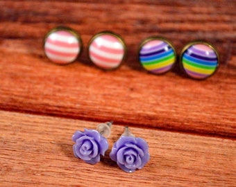 Purple Rose Studs, Rose Earrings, Striped Earrings, Striped Studs, Purple Stripe Studs, Purple Stripe Posts, Pink Earring Set