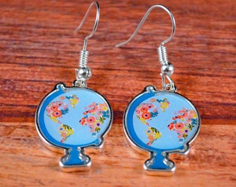 Globe Earrings, Travel Earrings, Traveler Gift, Globe Gift, Travel Jewelry, Globe Jewelry, Wanderlust, Map Earrings, Travel the World