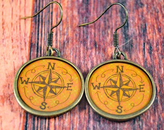 Travel Earrings, Compass Earrings, Compass Jewelry, Travel Jewelry, Wanderlust, Travel Lust, Cardinal Compass, Small Compass, Travel Gift