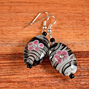 Glass Floral, Floral Earrings, Pink Floral Earrings, Glass Earrings, Floral Drop Earrings, Drop Earrings, Black Drop Earrings, Black Floral
