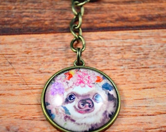 Sloth Key Chain, Sloth Key Ring, Sloth Gift, Floral Sloth Gift, Cute Sloth Key Ring, Gift for Sloth Lover, Wildlife Key Chain