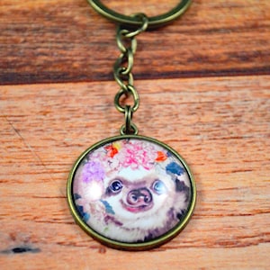 Sloth Key Chain, Sloth Key Ring, Sloth Gift, Floral Sloth Gift, Cute Sloth Key Ring, Gift for Sloth Lover, Wildlife Key Chain