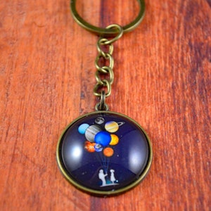 May include: A bronze key chain with a round glass charm featuring a dark blue background with a couple standing beneath a cluster of planets, including Saturn, Jupiter, and Mars, that are tied together with strings.