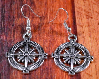 Travel Earrings, Compass Earrings, Compass Jewelry, Travel Jewelry, Wanderlust, Travel Lust, Cardinal Compass, Small Compass, Travel Gift