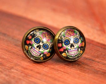 Sugar Skull Studs, Halloween Studs, Skeleton Earrings, Halloween Gift, Cute Skull Studs, Spooky Earrings, Spooky Studs, Skull Gifts