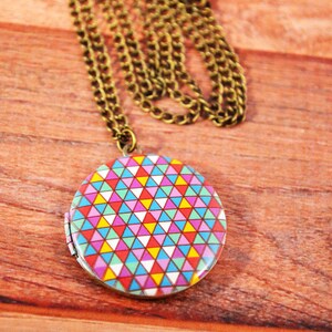 Colorful Geometric Locket Antique Bronze, Wedding Gift, Locket Jewelry, Printed Locket Jewelry, Locket Necklace, Neon Locket Gift