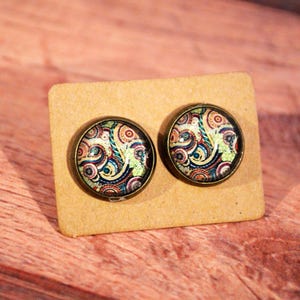 Paisley Studs, Paisley Jewelry, Swirl Earrings, Bandanna Earrings, Colorful Paisley Studs, Swirl Jewelry, Black Paisley Studs image 4