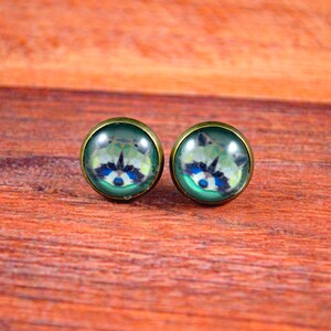May include: A pair of stud earrings with a green background and a white and black raccoon face image.