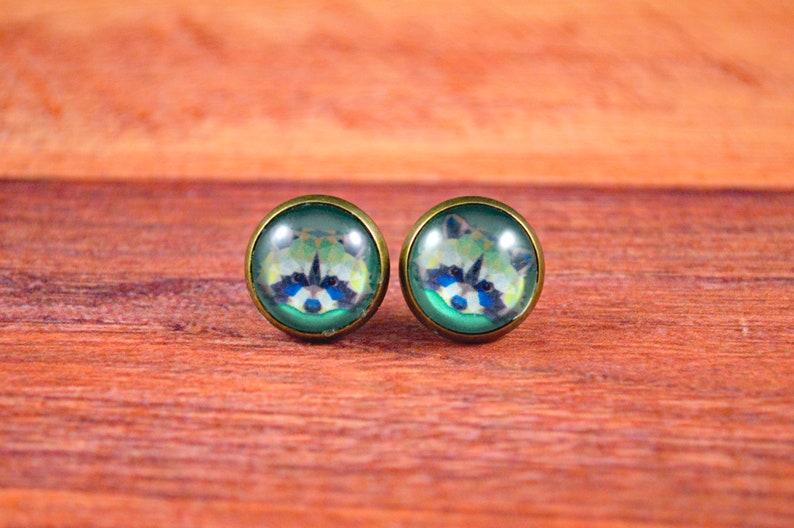 May include: A pair of bronze stud earrings with a green and blue image of a raccoon's face.