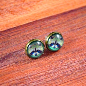 May include: A pair of bronze-colored stud earrings with a green, blue, and white raccoon face design.