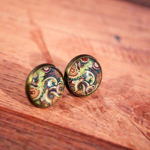 Paisley Studs, Paisley Jewelry, Swirl Earrings, Bandanna Earrings, Colorful Paisley Studs, Swirl Jewelry, Black Paisley Studs image 3