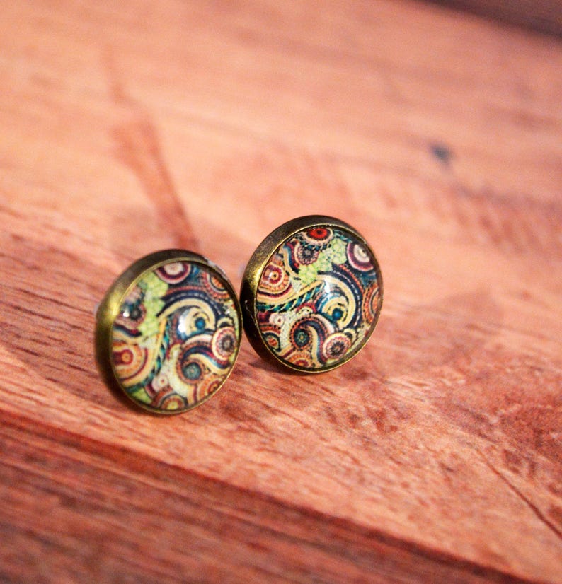 Paisley Studs, Paisley Jewelry, Swirl Earrings, Bandanna Earrings, Colorful Paisley Studs, Swirl Jewelry, Black Paisley Studs image 3