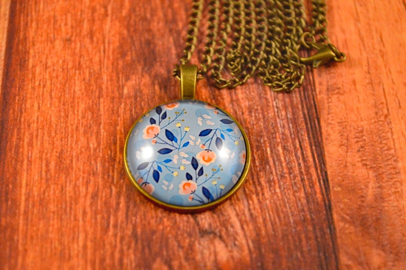 Garden Gift Navy Floral Jewelry Blue Floral Jewelry Flower Collage Floral Gift Cute Floral Necklace Navy Blue Floral Floral Necklace