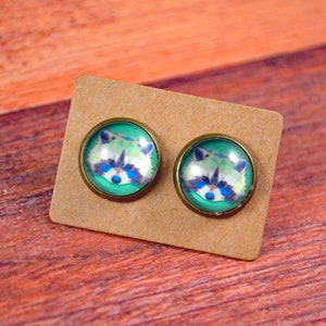 May include: A pair of stud earrings with a green background and a raccoon face image.