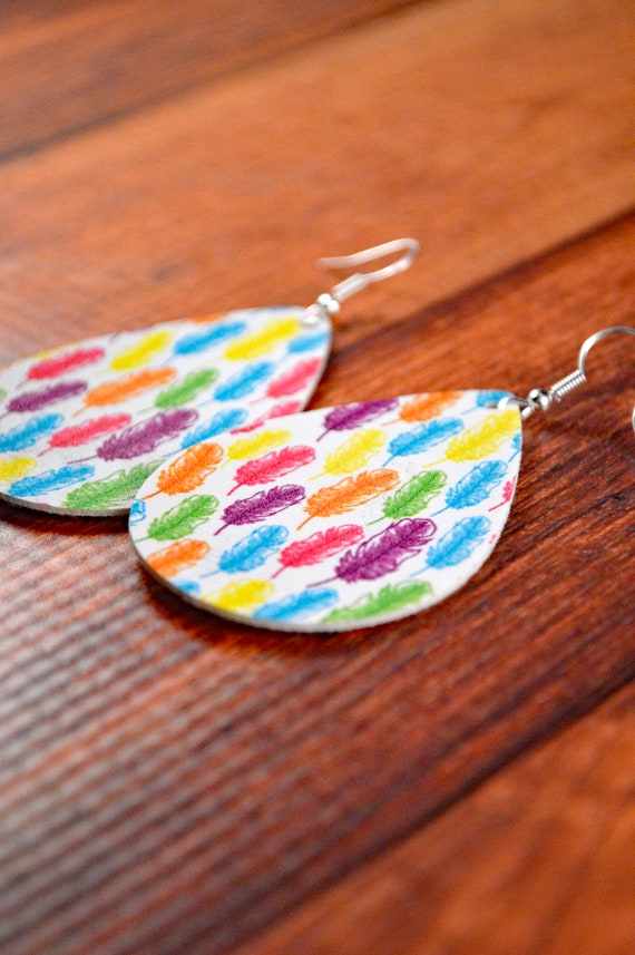 Rainbow Earrings, Blue Jewelry, Feather Leather, Whimsical  display picture 1