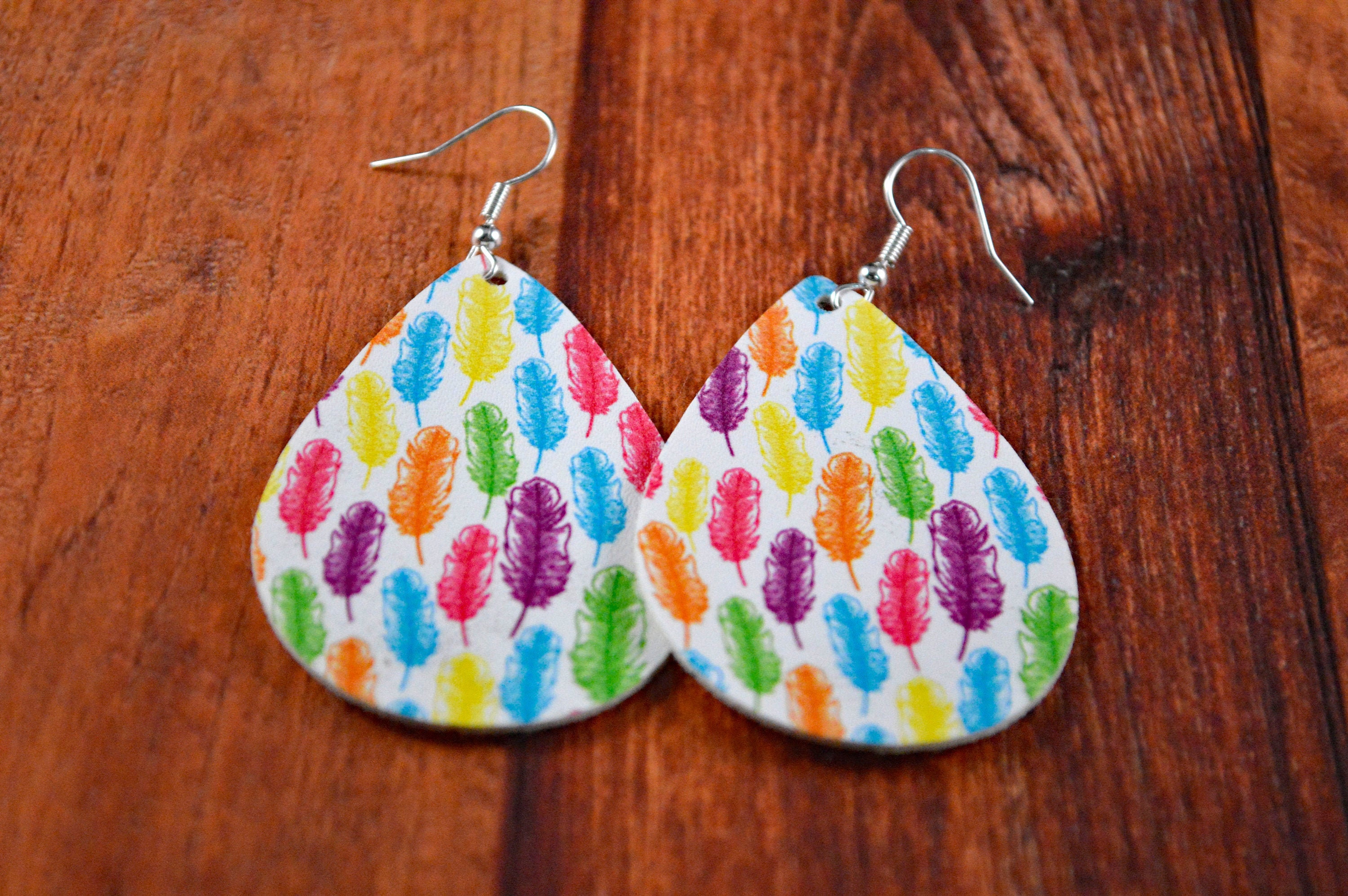 Colorful Feather Earrings with leather - rainbow and white Rainbow Feather Earrings: Fun Festival Jewelry LBGTQIA+ - Etsy main image 3