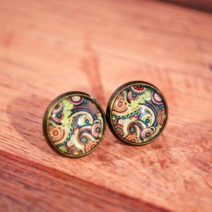 Paisley Studs, Paisley Jewelry, Swirl Earrings, Bandanna Earrings, Colorful Paisley Studs, Swirl Jewelry, Black Paisley Studs image 2