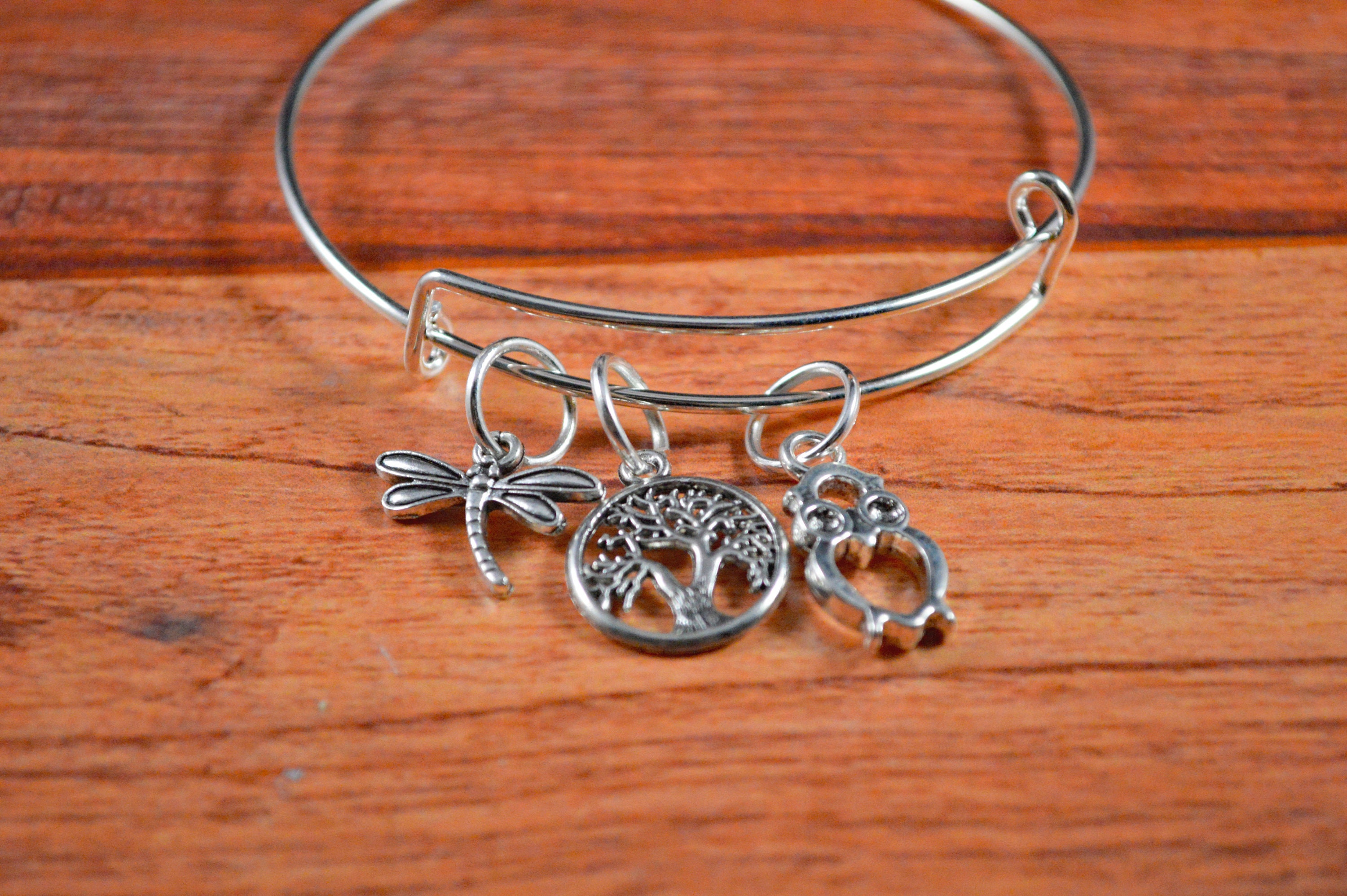 Owl Bangle, Tree Bangle, Forest Bangle, Owl Bracelet, Tree Bracelet, Dragonfly Bangle, Cute Tree Gif