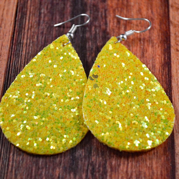 Shiny Yellow Earrings, Yellow Earrings, Yellow Glitter, Glitter Earrings, Glitter Jewelry, Cute Yellow Earrings, Yellow Jewelry