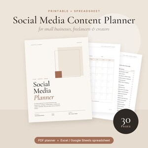 May include: A printable Social Media Content Planner with a spreadsheet, featuring a cover page with the text Social Media Content Planner for small businesses, freelancers & creators, a monthly calendar page, and a checklist, totaling 30 pages.