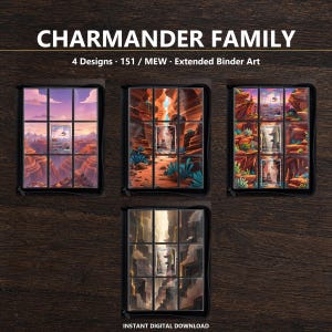 Op de afbeelding: Vier map-inlays met illustraties van de Charmander-familie. De tekst luidt CHARMANDER FAMILY, 4 Designs, 151 / MEW, Extended Binder Art en INSTANT DIGITAL DOWNLOAD. Elke inlay toont een raster van negen vakken met landschapsillustraties.