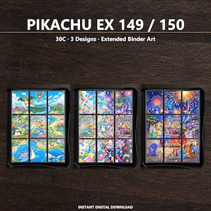 Op de afbeelding: Drie verzamelkaarten-mapbladen met Pikachu EX 149 / 150, 30C, 3 Designs, Extended Binder Art. De bladen tonen kleurrijke illustraties van diverse wezens in buiten-, feestelijke en nachtelijke omgevingen met vuurwerk.