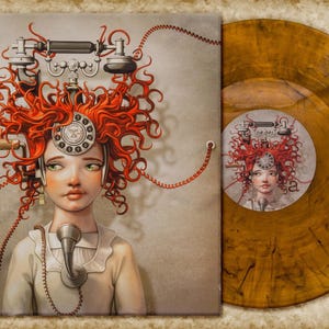 May include: A woman with red hair has a vintage rotary phone attached to her head. The phone is connected to a red cord that wraps around her head. The woman is wearing a white dress and has a serious expression on her face.