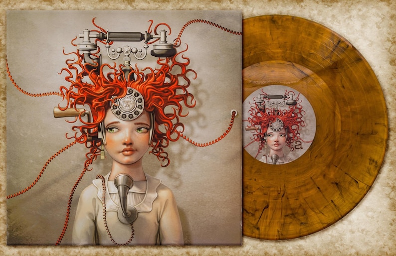 May include: A woman with red hair has a vintage rotary phone attached to her head. The phone is connected to a red cord that wraps around her head. The woman is wearing a white dress and has a serious expression on her face.