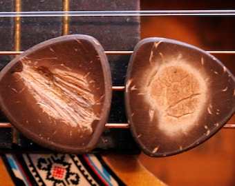 Set of 2 Coconut Shell Picks - 2mm Traditional Tri Shape - Natural Warm Tone - Acoustic Guitar, Mandolin, Ukulele