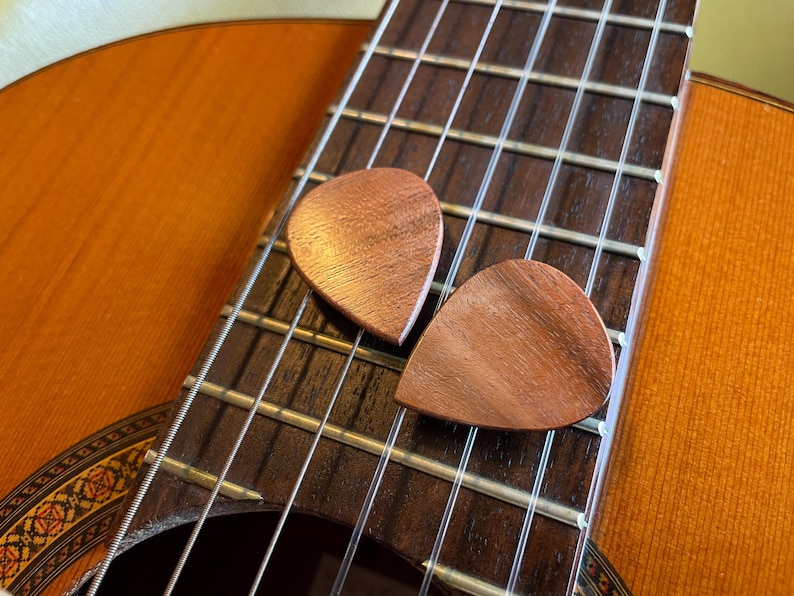 May include: Two wooden guitar picks rest on the fretboard of an acoustic guitar. The picks are a warm brown color, and the guitar has a light brown body. The strings and fretboard are visible.