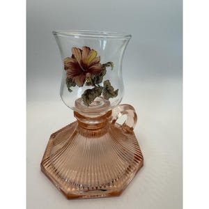 Vintage L.E. Smith Mini-Windlicht-Kerzenhalter aus rosa Glas, Hibiskusblüte, 12,7 cm