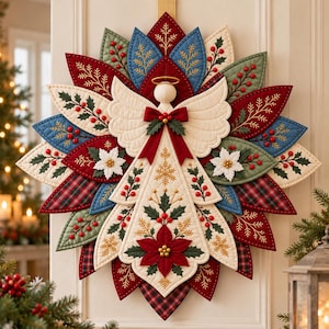 May include: A quilted fabric wall hanging shaped like an angel surrounded by layered, petal-like leaves. The design features red, green, blue, and cream fabrics with embroidered holly, poinsettia, and snowflake motifs, accented by small red beads.